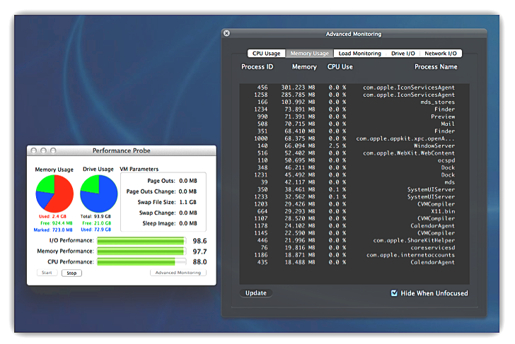 Performance Probe
        showing memory consumption
